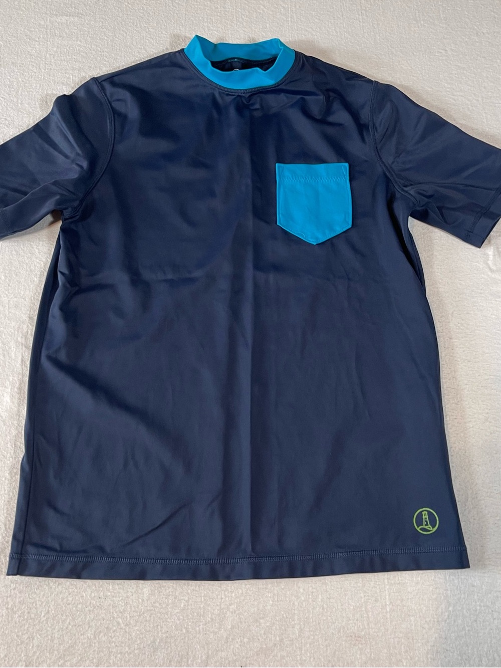 Lands' End Kids Rash Guard Swim Top Short Sleeve Navy with Pocket 10/12 M